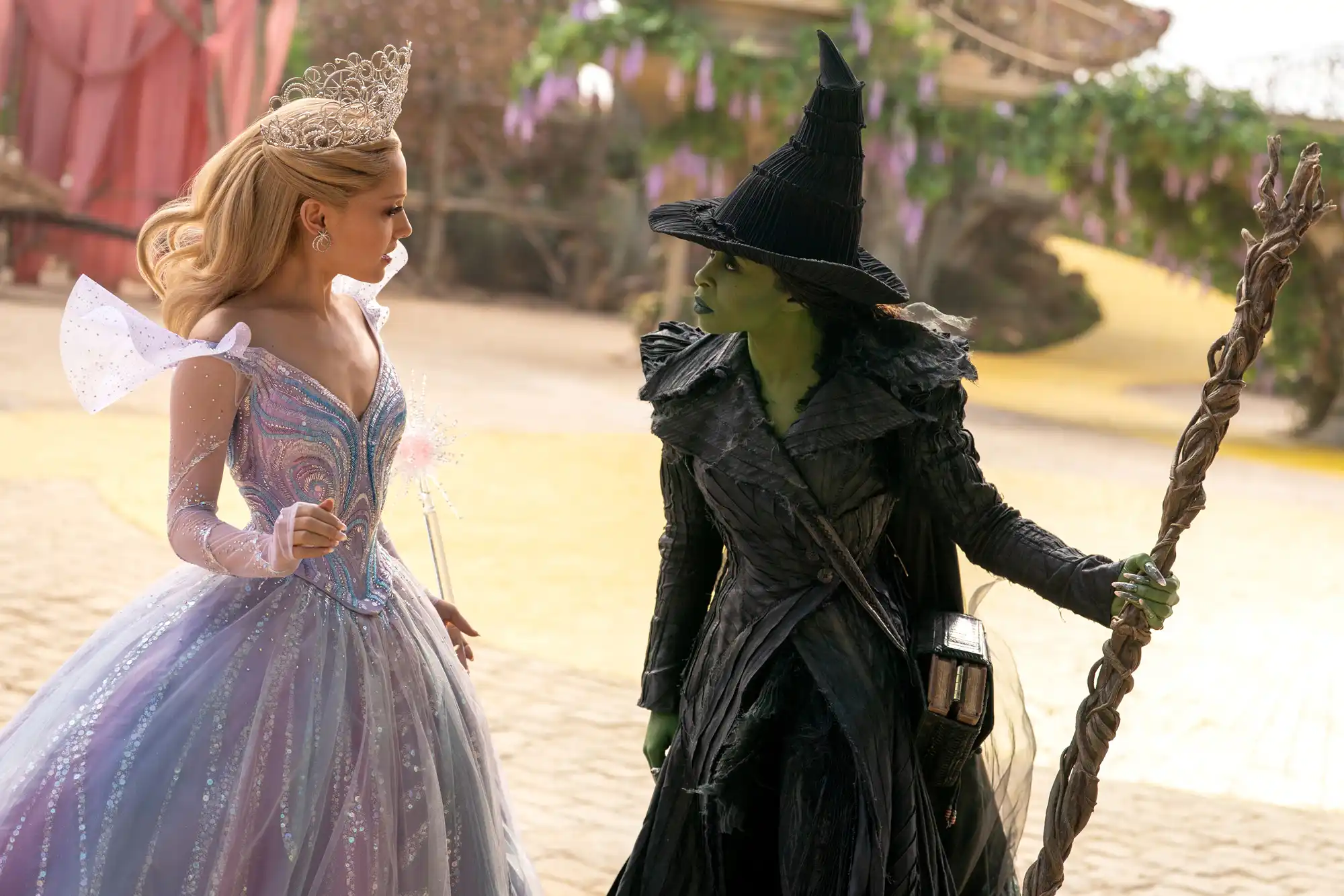 Ariana Grande as Glinda and Cynthia Erivo as Elphaba in Wicked For Good
